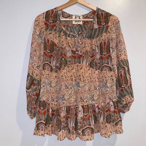PPLA Peasant Blouse Paisley Pink Green Red Small Women Boho Ladies Ruffle Sheer